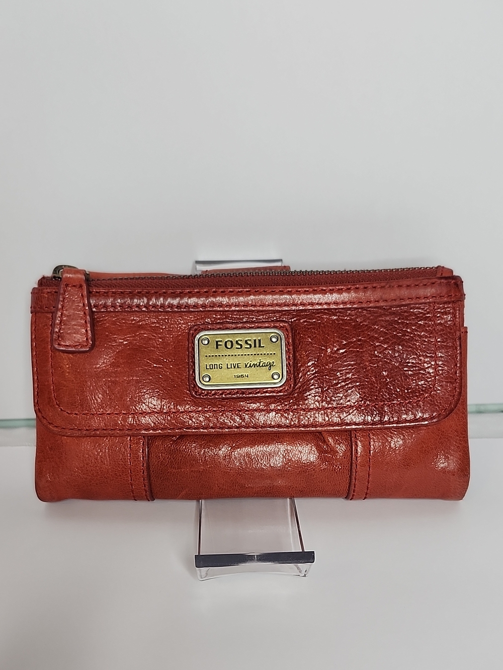 Fossil Long Live Vintage Leather Wallet Womens Burgundy Red Bifold Zip Coin